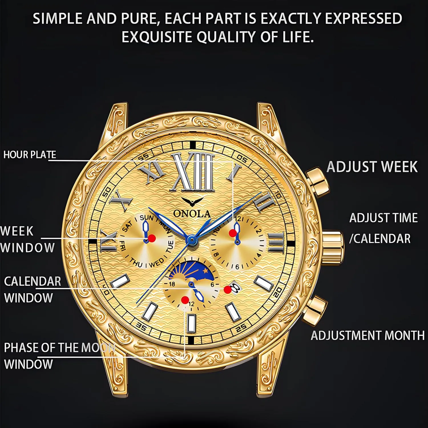 Fully Automatic Men's Mechanical Watch Comfortable Leather Strap Large Gold Watch Three Eye Timing Dial 24-Hour Moon Phase Display Calendar Watch Men's Business Mechanical Watch