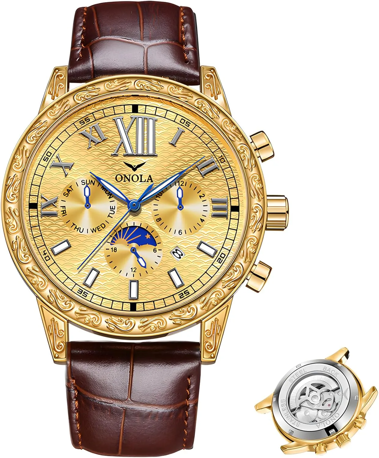 Fully Automatic Men's Mechanical Watch Comfortable Leather Strap Large Gold Watch Three Eye Timing Dial 24-Hour Moon Phase Display Calendar Watch Men's Business Mechanical Watch