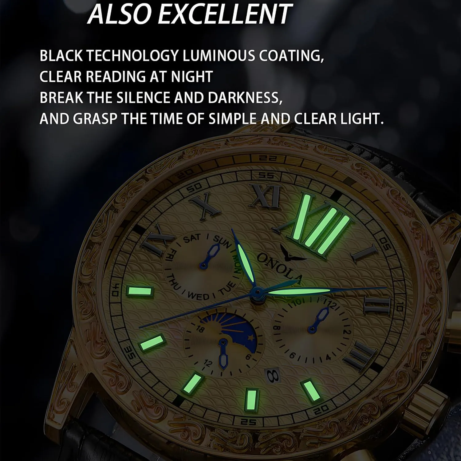 Fully Automatic Men's Mechanical Watch Comfortable Leather Strap Large Gold Watch Three Eye Timing Dial 24-Hour Moon Phase Display Calendar Watch Men's Business Mechanical Watch