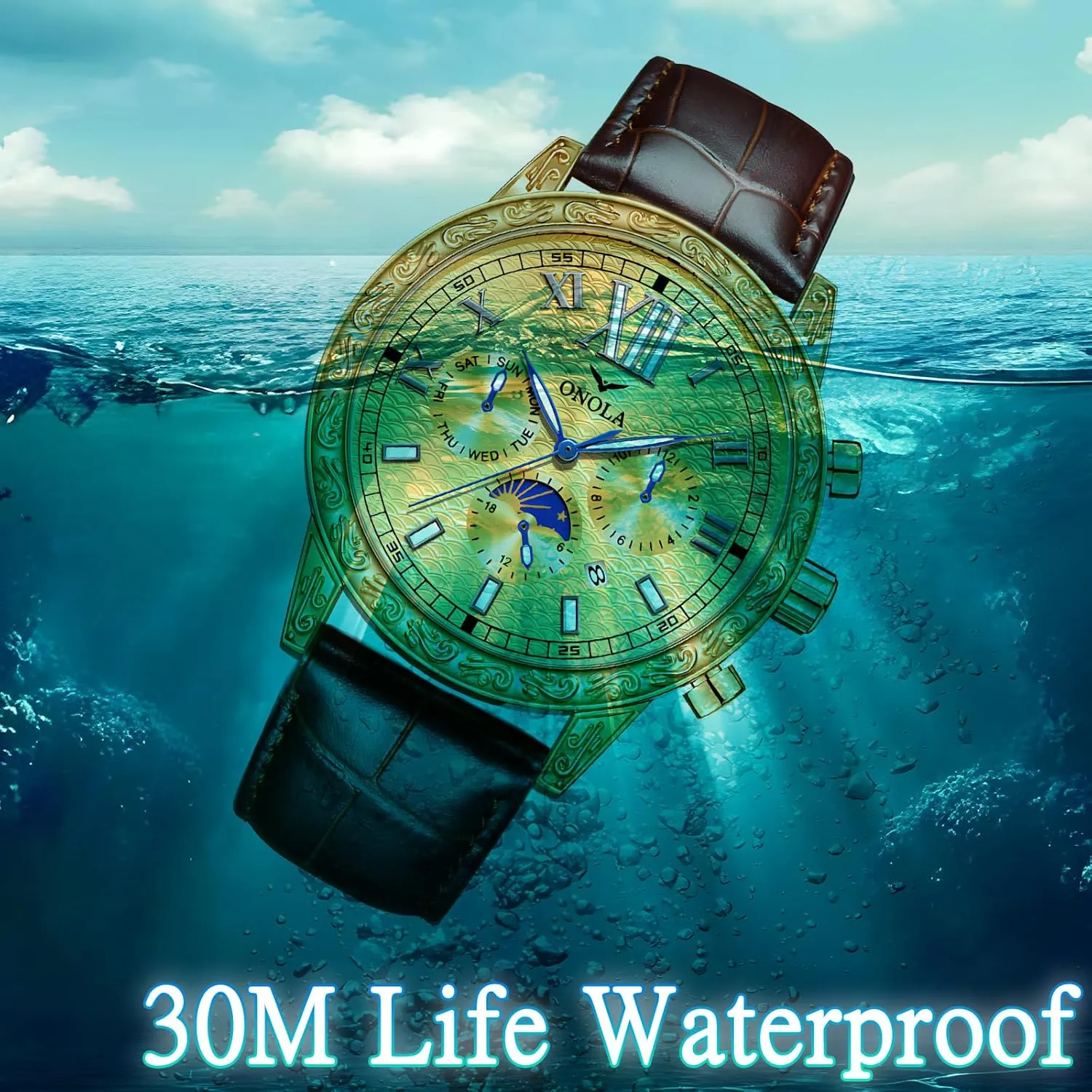 Fully Automatic Men's Mechanical Watch Comfortable Leather Strap Large Gold Watch Three Eye Timing Dial 24-Hour Moon Phase Display Calendar Watch Men's Business Mechanical Watch