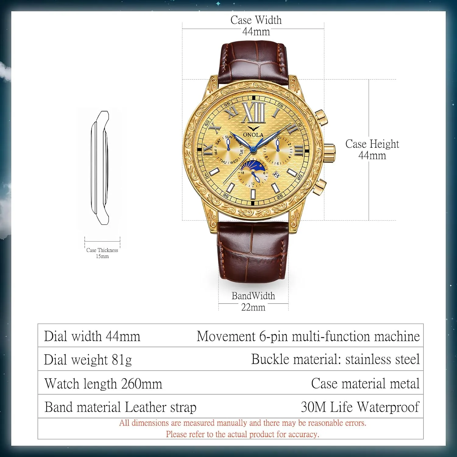 Fully Automatic Men's Mechanical Watch Comfortable Leather Strap Large Gold Watch Three Eye Timing Dial 24-Hour Moon Phase Display Calendar Watch Men's Business Mechanical Watch