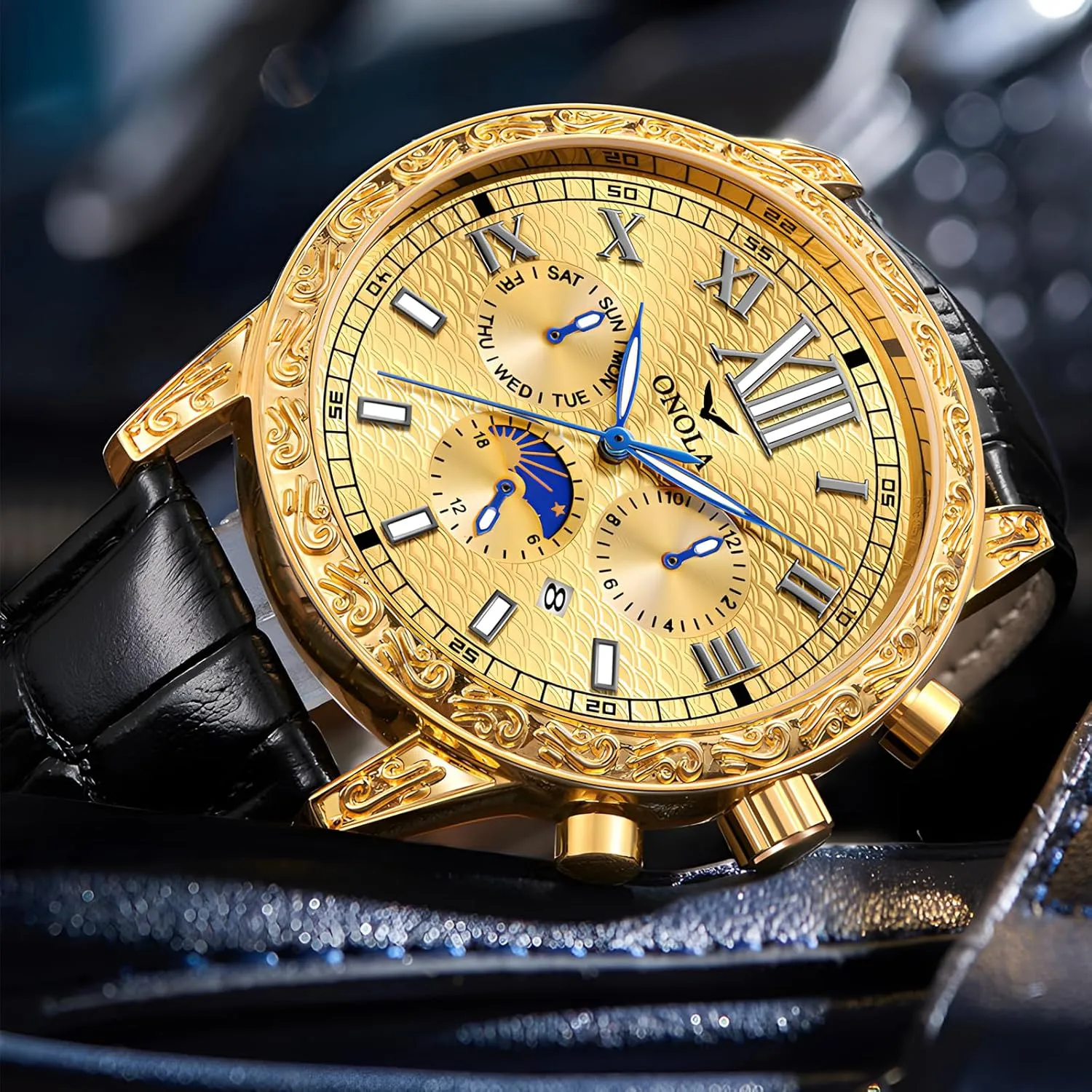 Fully Automatic Men's Mechanical Watch Comfortable Leather Strap Large Gold Watch Three Eye Timing Dial 24-Hour Moon Phase Display Calendar Watch Men's Business Mechanical Watch