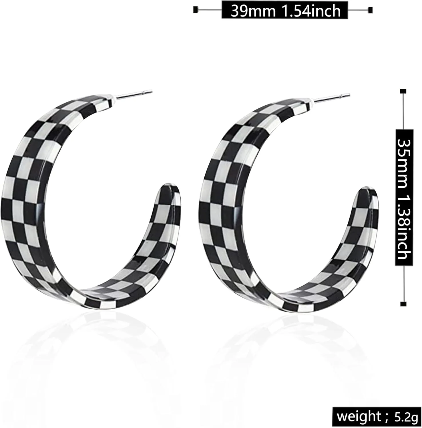 Funky Chunky Checkered Big Grid C Shape Hoop Earrings Red Resin Acrylic Resin Christmas Piercing Buffalo Plaid for Women Y2k Lightweight Xmas Jewelry