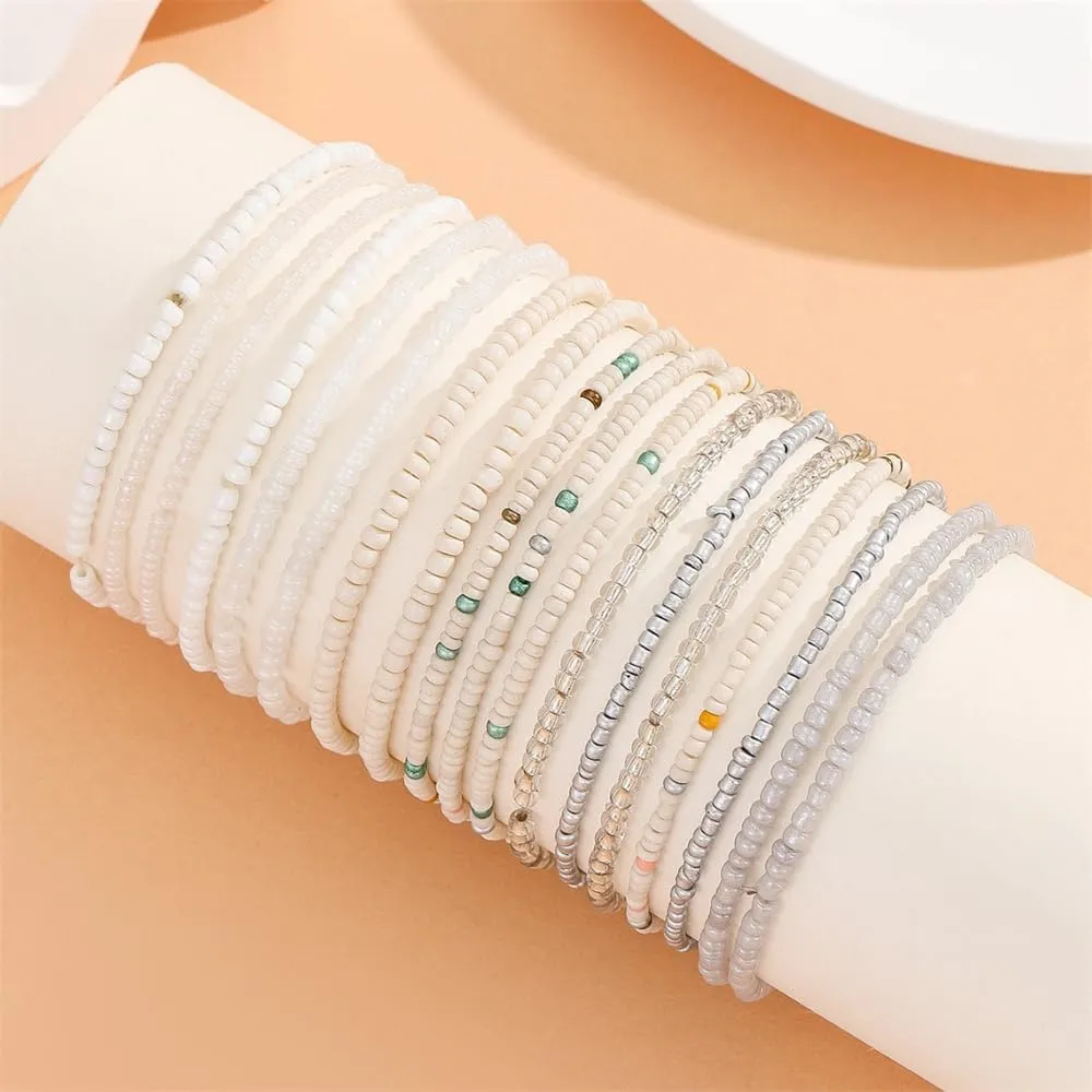 Fuqimanman2020 18Pcs Boho Beaded Stackable Stretch Bracelets for Women Colorful Handmade Multilayered Rice Beads Anklets Set Summer Beach Bohemian Jewelry Gift