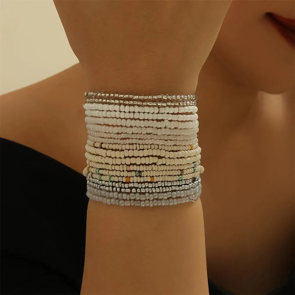 Fuqimanman2020 18Pcs Boho Beaded Stackable Stretch Bracelets for Women Colorful Handmade Multilayered Rice Beads Anklets Set Summer Beach Bohemian Jewelry Gift