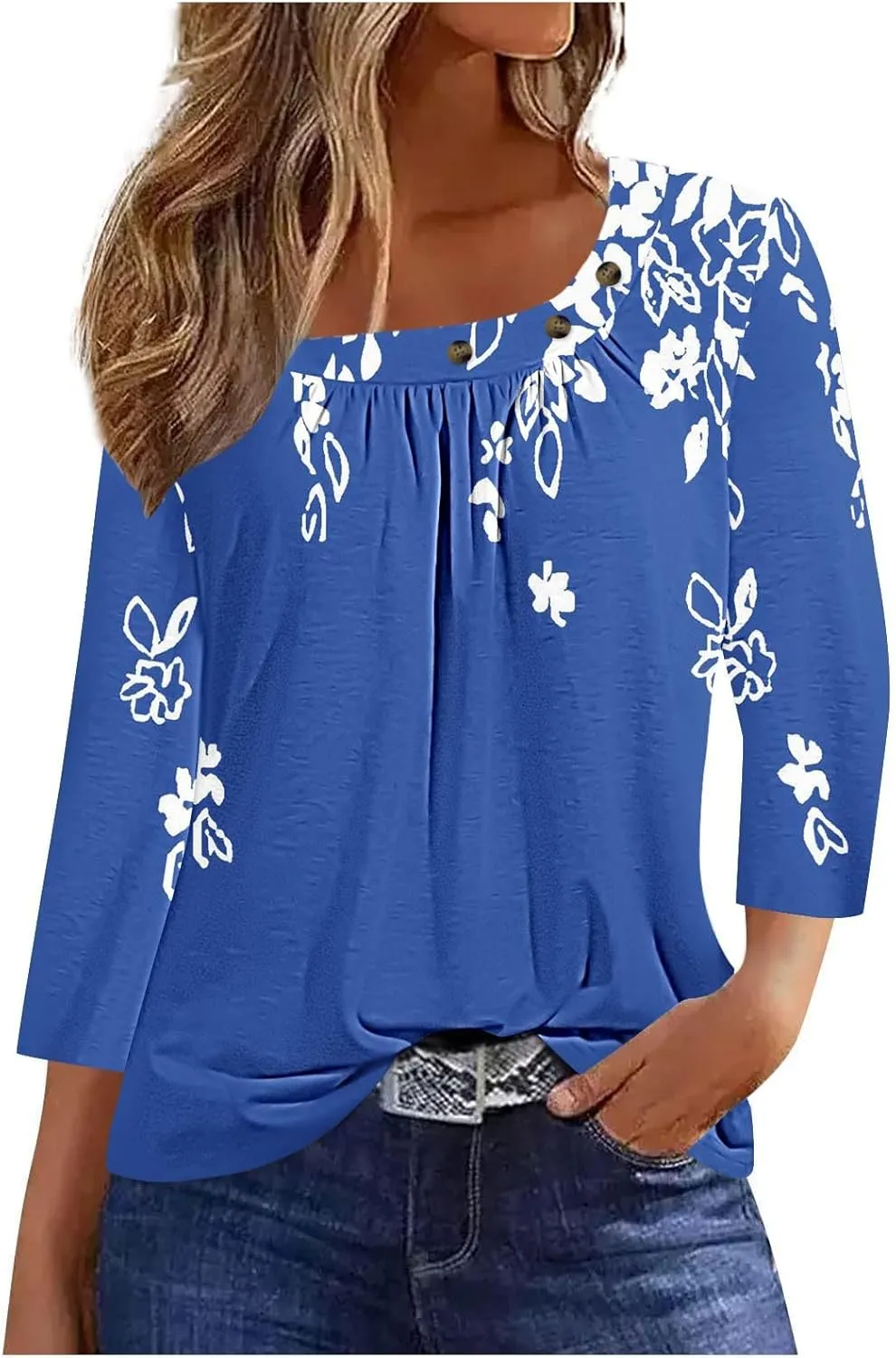 Generic Women's Casual 3/4 Sleeve T-Shirt Square Neck Cute Tunic Tops Button Decor Pleated Dressy Blouse Summer Cute Boho Tee