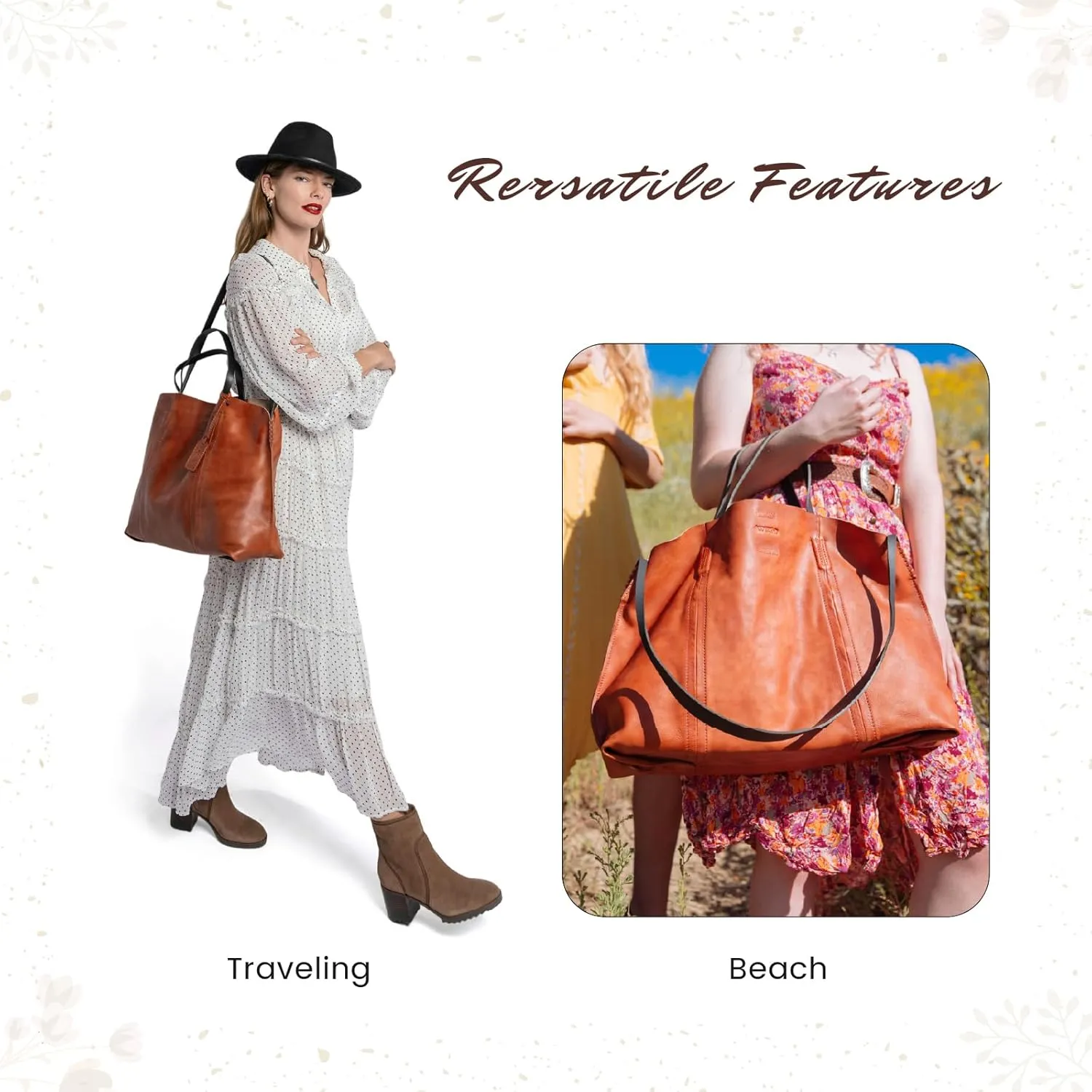 Genuine Leather Forest Island Tote | Spacious Handbag with Removable Inner Pouches