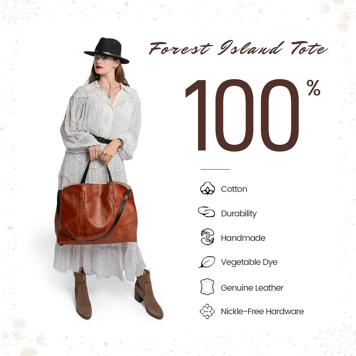 Genuine Leather Forest Island Tote | Spacious Handbag with Removable Inner Pouches