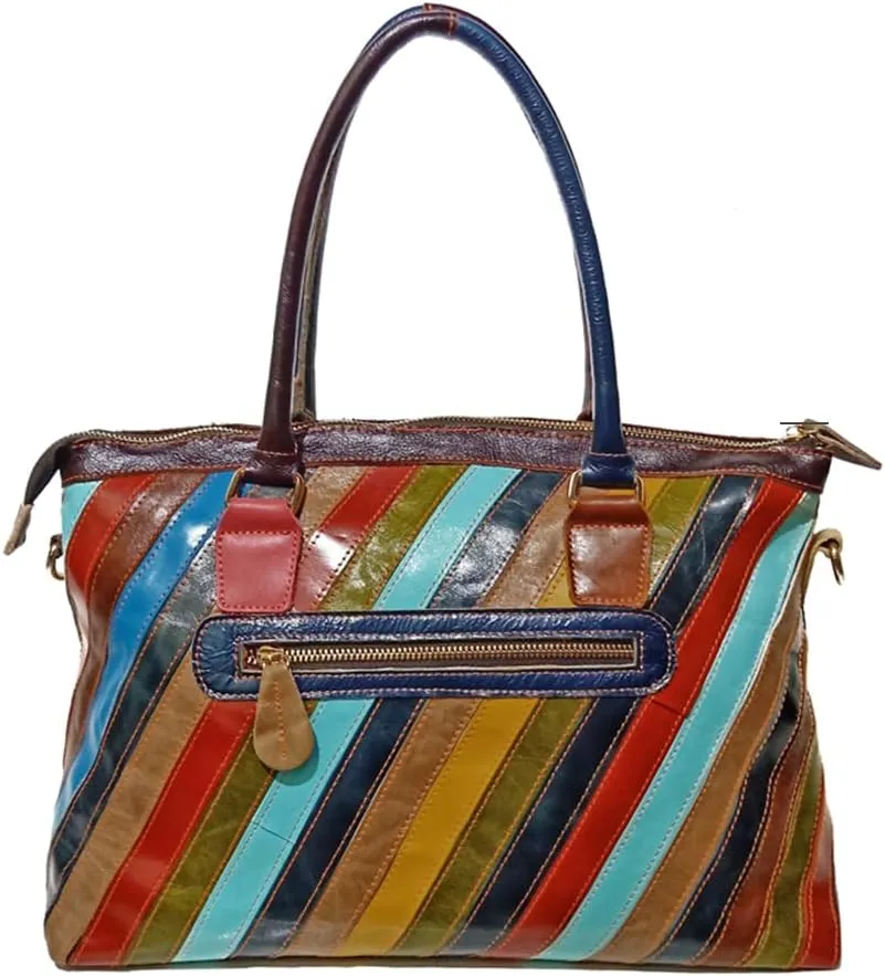 Genuine Leather Tote Handbag for Ladies Multi-color Patchwork Shoulder Satchel Women Colorful Crossbody Hobo Purses