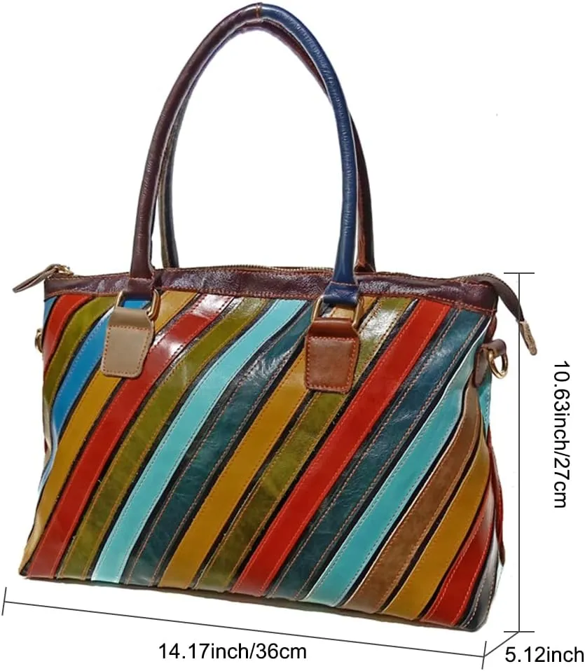 Genuine Leather Tote Handbag for Ladies Multi-color Patchwork Shoulder Satchel Women Colorful Crossbody Hobo Purses