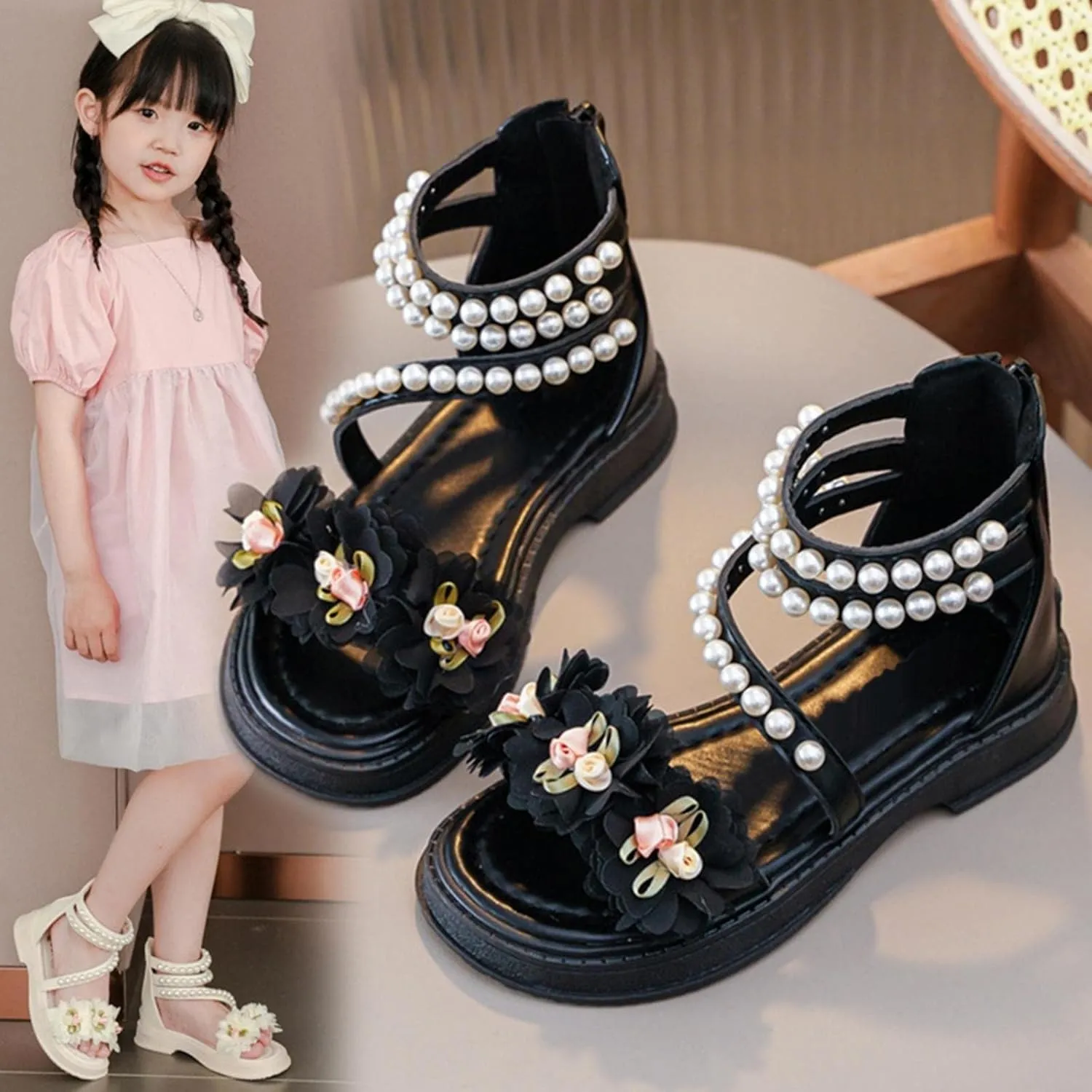 Girls Casual Gladiator Strap Sandals Baby Kids Soft Sole Pearl Strap Flower Shoes Open Toe Low Heel Princess Flats