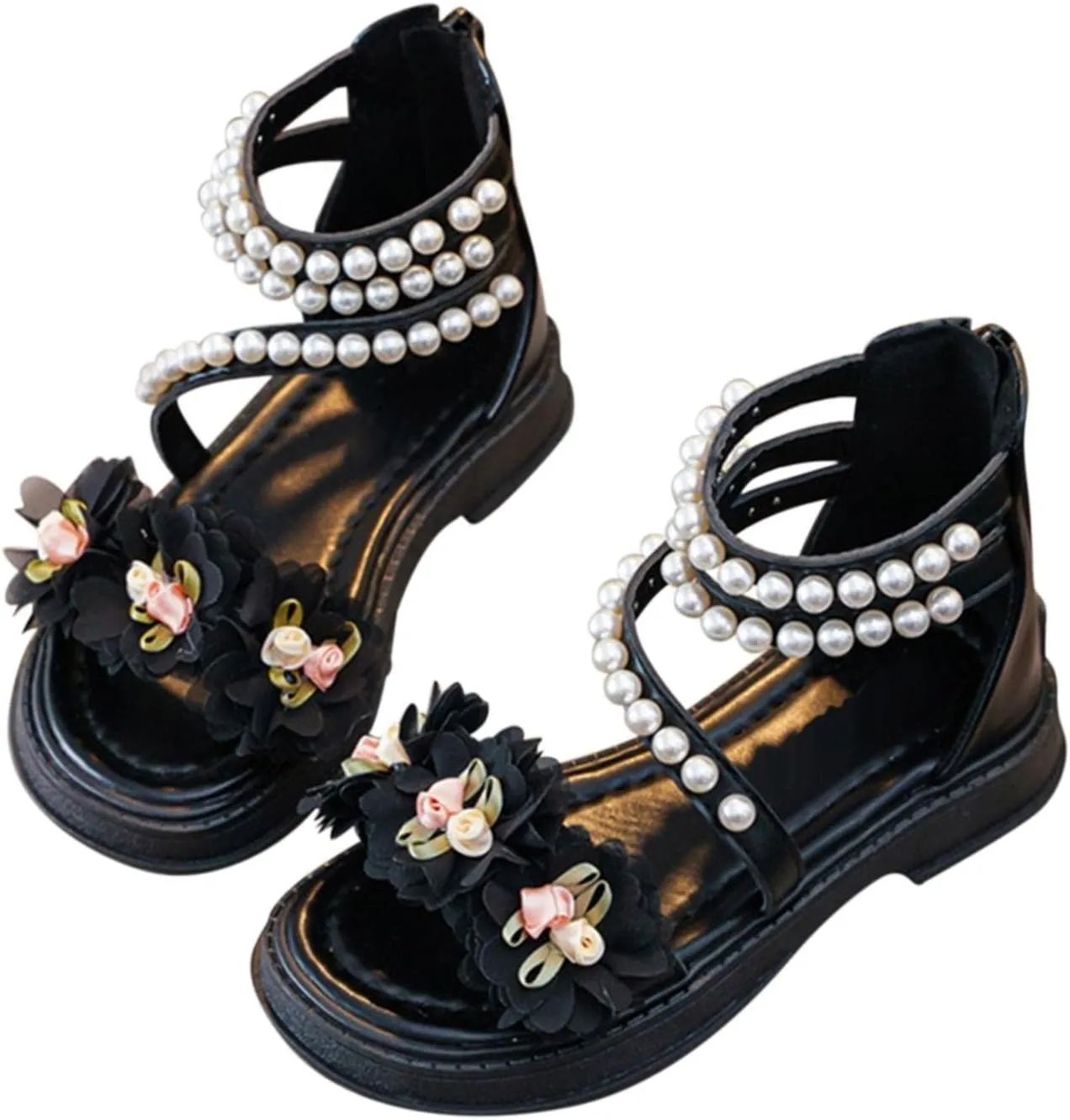 Girls Casual Gladiator Strap Sandals Baby Kids Soft Sole Pearl Strap Flower Shoes Open Toe Low Heel Princess Flats