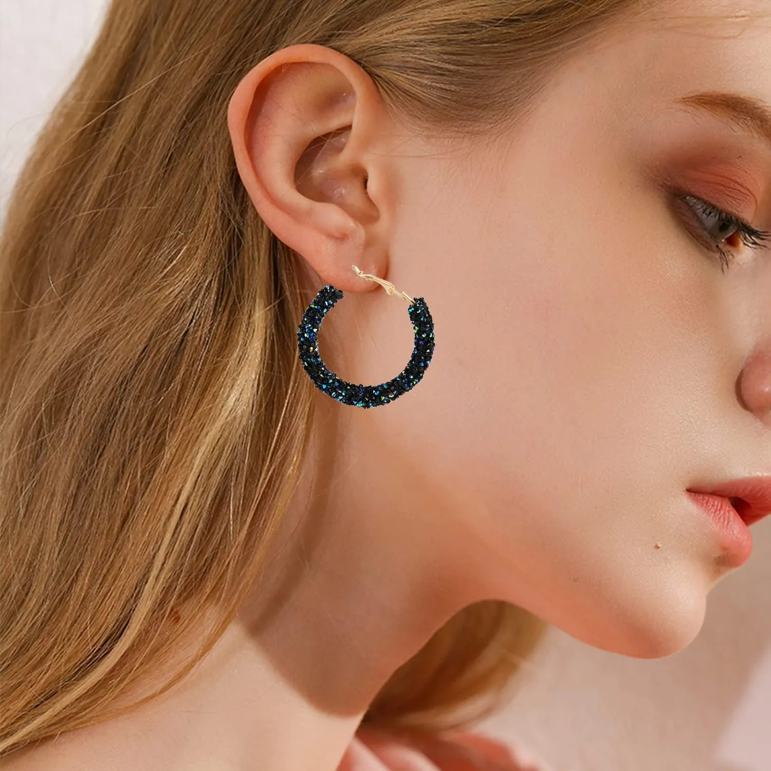 Glitter Hoop Earrings Bohemian Sparkle Resin Rhinestone Wrapped Hoop Dangle Earrings for Women