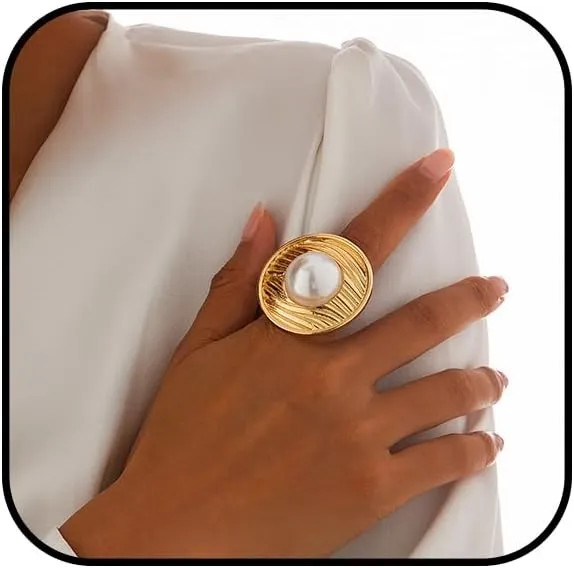 Gold Chunky Pearl Statement Rings for Women Vintage Pearl Finger Rings Chunky Round Oval Pearl Rings Adjustable Open Rings Fashion Statement Jewelry