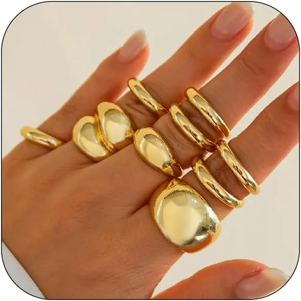 Gold Chunky Rings Set for Women 14K Gold Plated Dome Statement Ring Stackable Open Rings Bold Dome Statement Ring Trendy Dainty Minimalist Jewelry Present