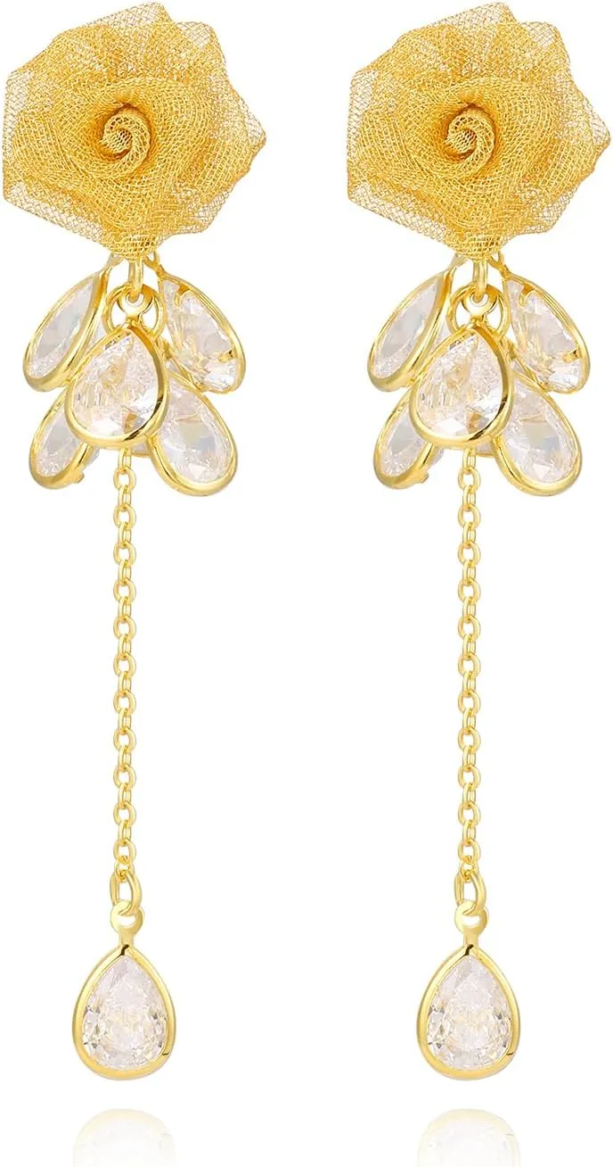 Gold Dangle Flower Earrings for Women, Dainty 14K Gold Plated Leaf DropTrendy Hypoallergenic CZ Dangling Simple Gold Long Earrings for Women Jewelry