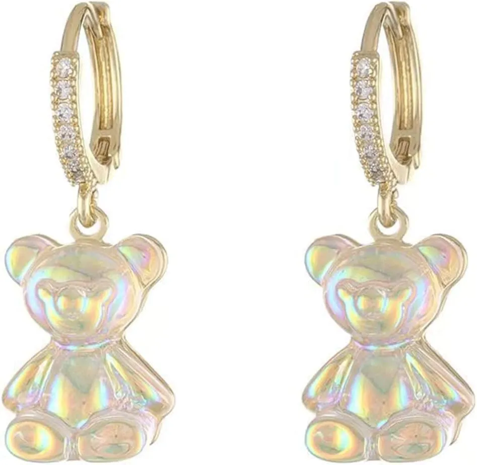 Gold Heart Bear Drop Stud Earrings - Cute Crystal Bear Dangle Huggie Hoop Earrings for Women