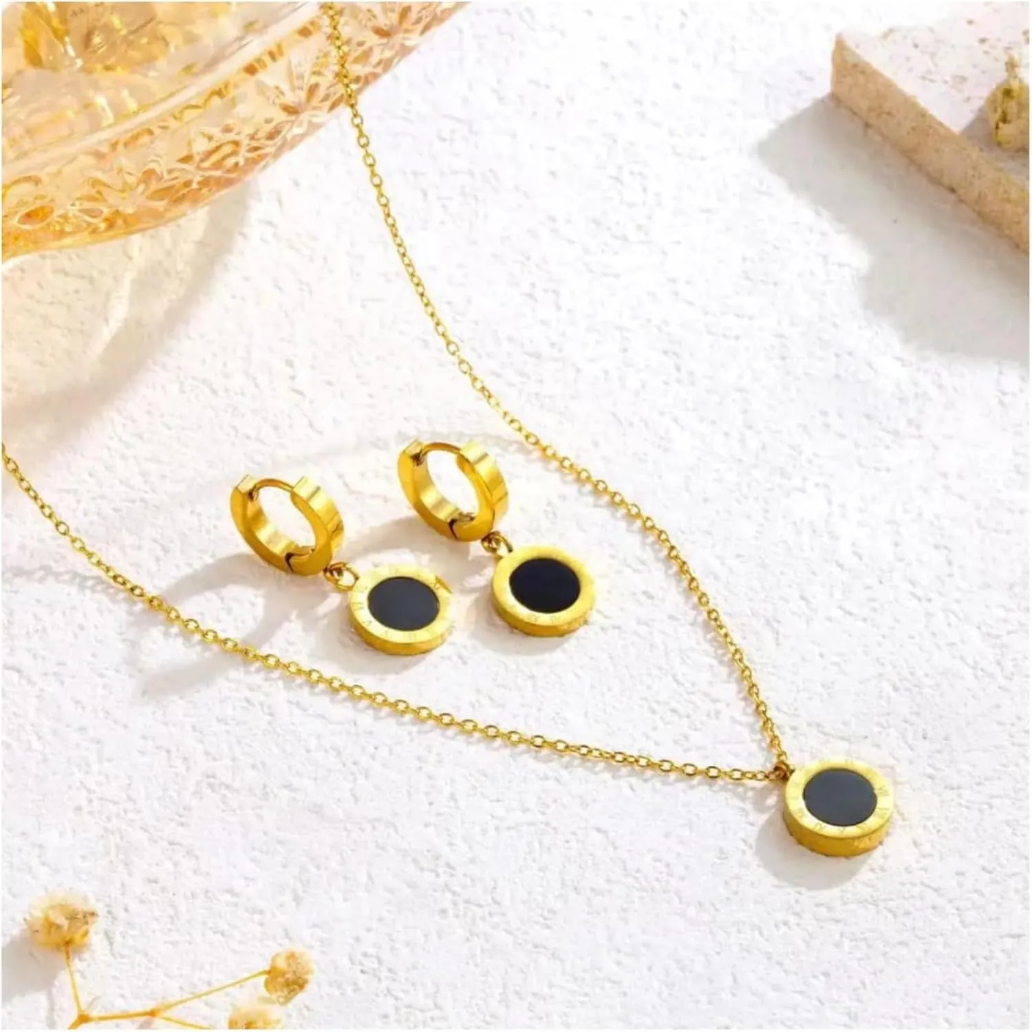 Gold Plated Jewelry Set with Black Round Pendant Necklace and Drop Earrings set for women, Interchangeable black and white round pendant necklace,18k pvd gold plated stainless steel