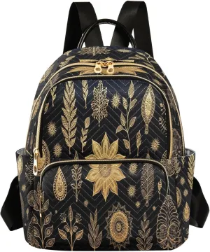 Golden Flower Leaves Mandala Mini Backpack for Women Small Backpack Purse for Girls Quilted Daypack for Travel Work Daily Fashion Laptop Back Pack Shoulder Purses Bags for Teens College Bookbag