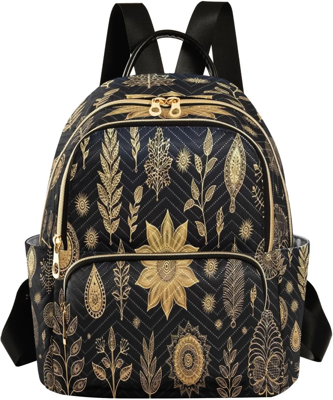 Golden Flower Leaves Mandala Mini Backpack for Women Small Backpack Purse for Girls Quilted Daypack for Travel Work Daily Fashion Laptop Back Pack Shoulder Purses Bags for Teens College Bookbag