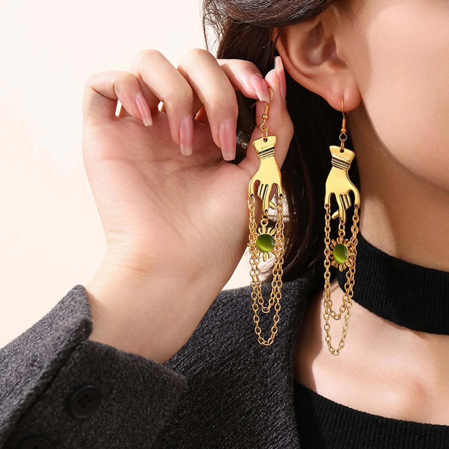 Gothic Gold Sun Earrings for Women Handmade Colorful Crystal Sun Dangle Drop Earrings Halloween Gold Hand Long Tassel Statement Earrings Trendy Jewelry Gift for Women
