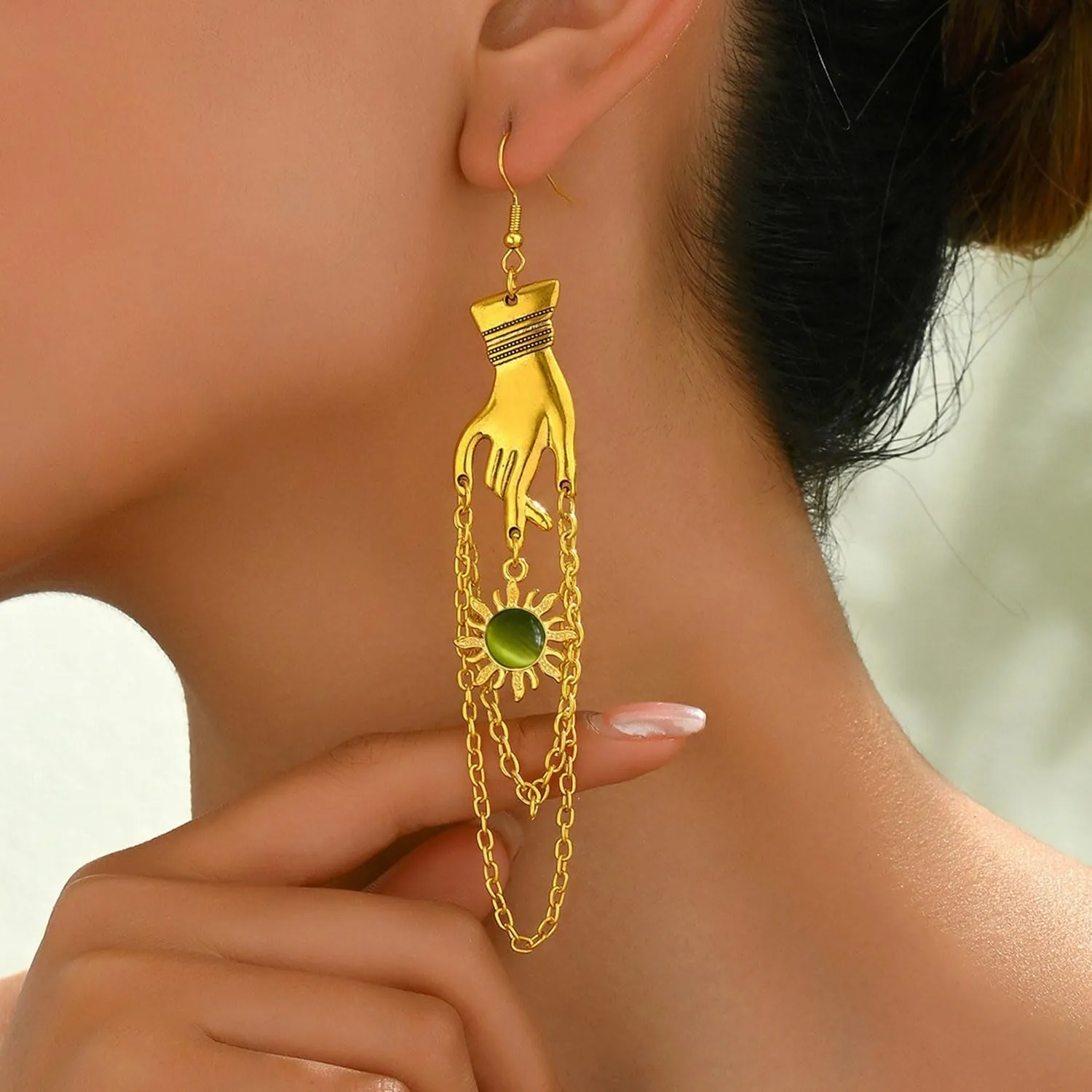 Gothic Gold Sun Earrings for Women Handmade Colorful Crystal Sun Dangle Drop Earrings Halloween Gold Hand Long Tassel Statement Earrings Trendy Jewelry Gift for Women