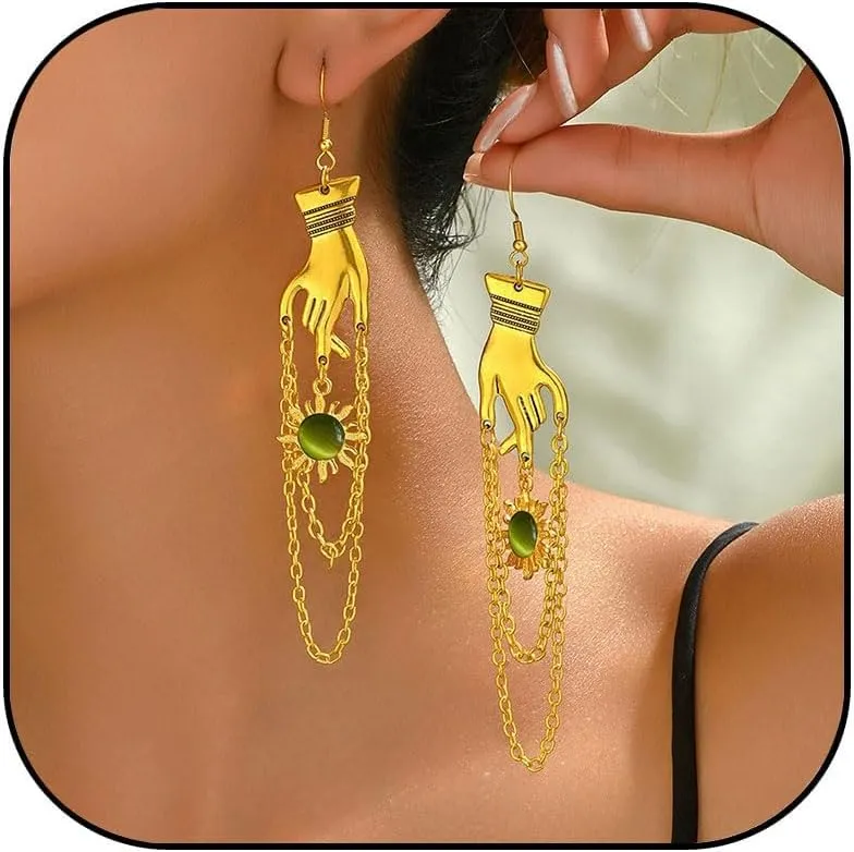 Gothic Gold Sun Earrings for Women Handmade Colorful Crystal Sun Dangle Drop Earrings Halloween Gold Hand Long Tassel Statement Earrings Trendy Jewelry Gift for Women