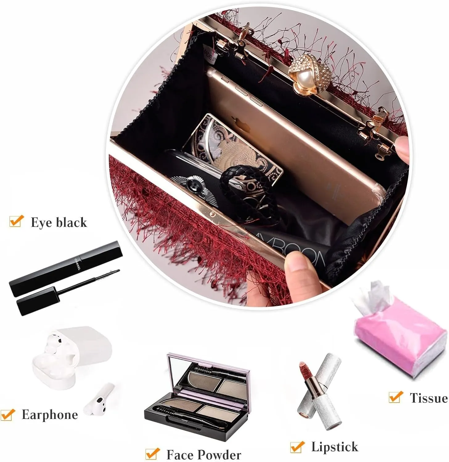 Handbag for Women Bridal Wedding Purse Shoulder Detachable Elegant Crossbody Evening Rhinestone Clutch Beaded