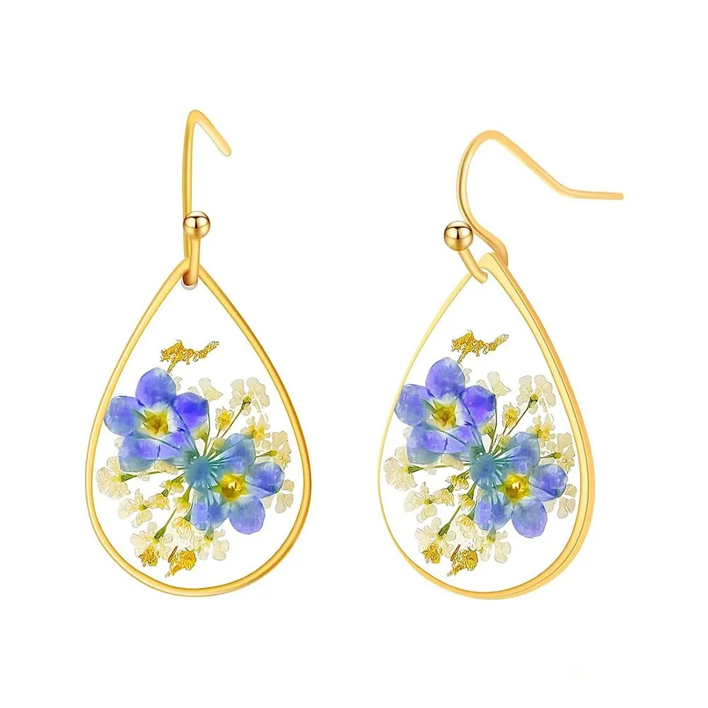 Handmade Forget-Me-Not and Queen Anne's Lace Pressed Wildflower Earrings Women Girls Unique Resin resin Flower earrings For Woman (Forget-Me-Not)