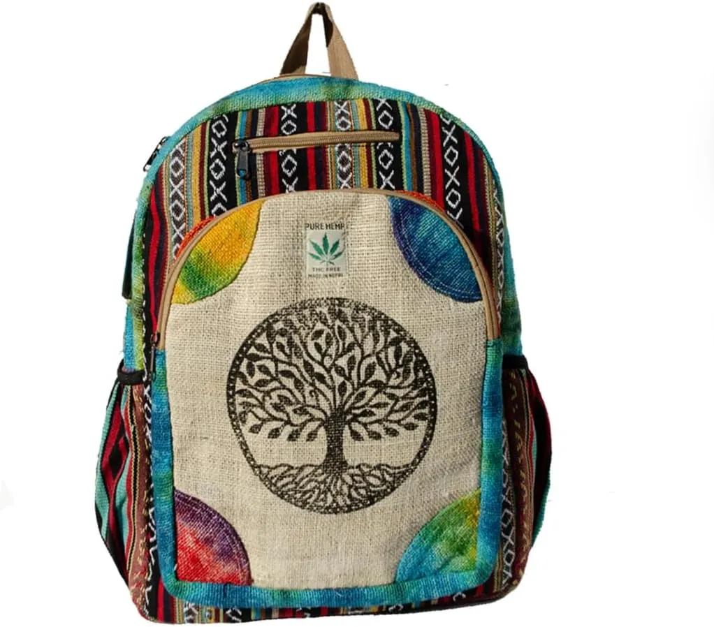 Handmade Hemp Backpack Large Travel Fashion Backpack Handmade in Nepal Tree of Life Design
