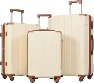 Hardshell Luggage Sets 3 Pcs Spinner Suitcase - Lightweight, TSA Lock, Expandable, Durable ABS Material (Brown White)