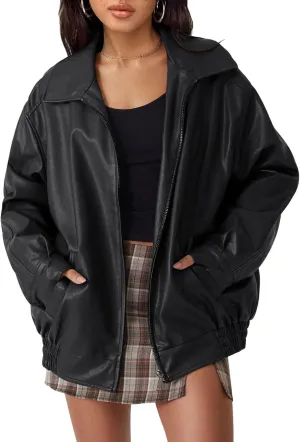 hathne Women's Oversized Leather Jackets Faux Zip Up Fall Fashion Motorcycle Jackets Coats Winter Clothes(Black,M)