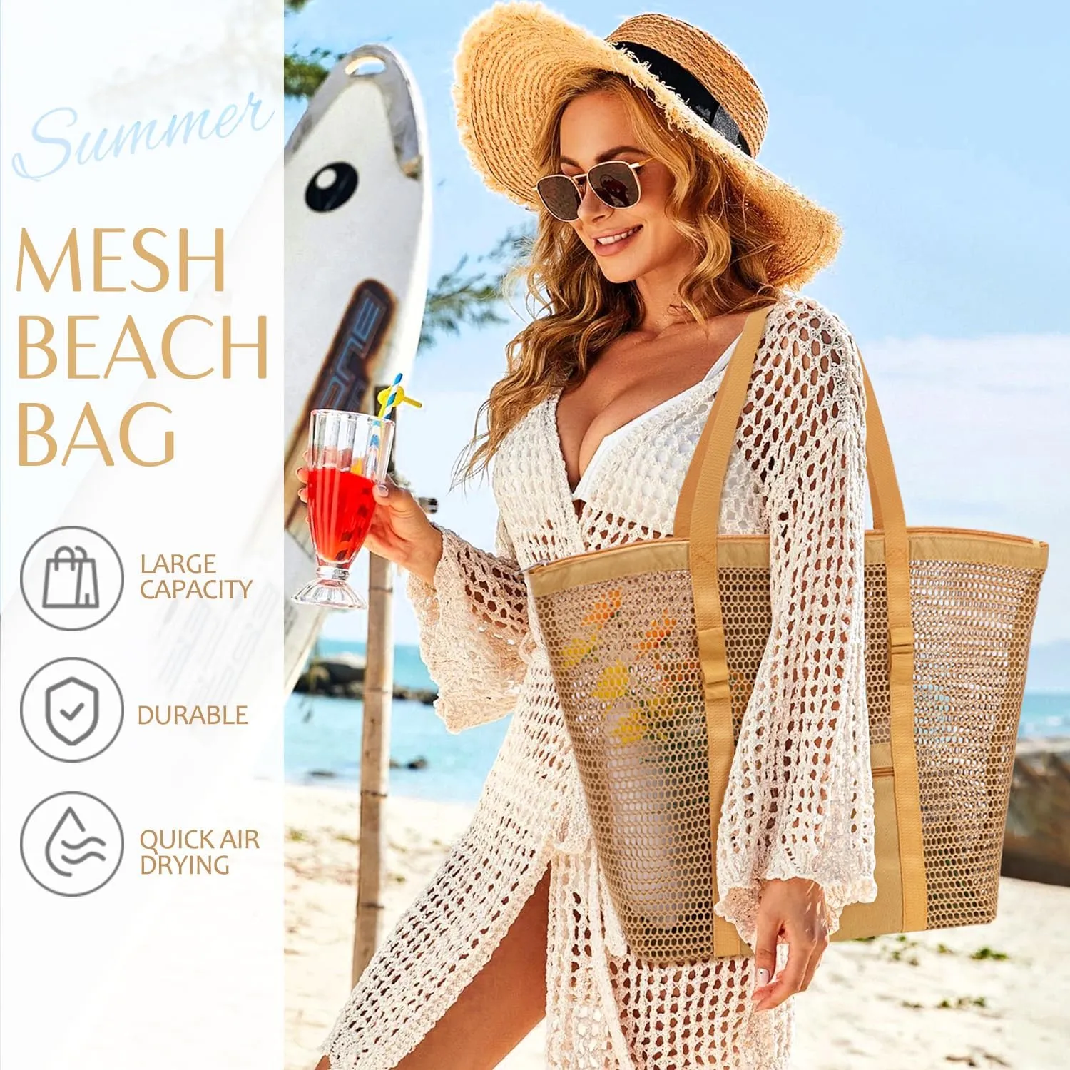 Hatisan Upgraded Mesh Tote Hobo Bag: Women's Beach Accessories