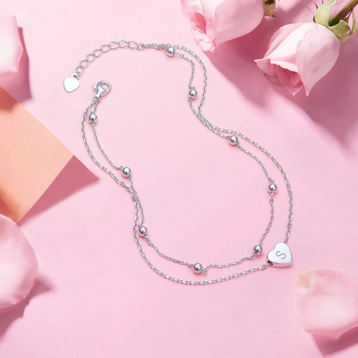 Heart Initials Anklet for Women S925 Sterling Silver Adjustable Foot Ankle Bracelet with Letter