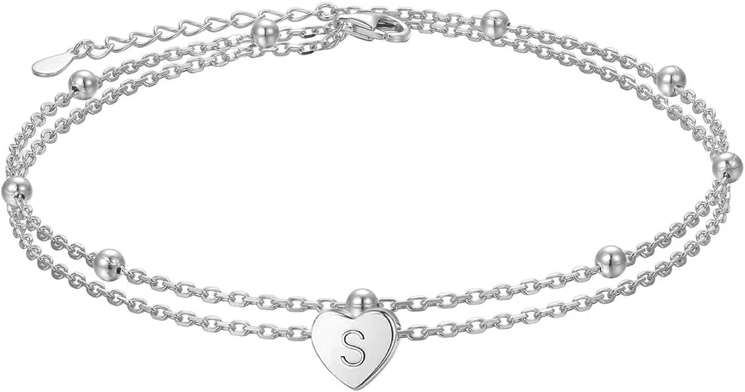 Heart Initials Anklet for Women S925 Sterling Silver Adjustable Foot Ankle Bracelet with Letter