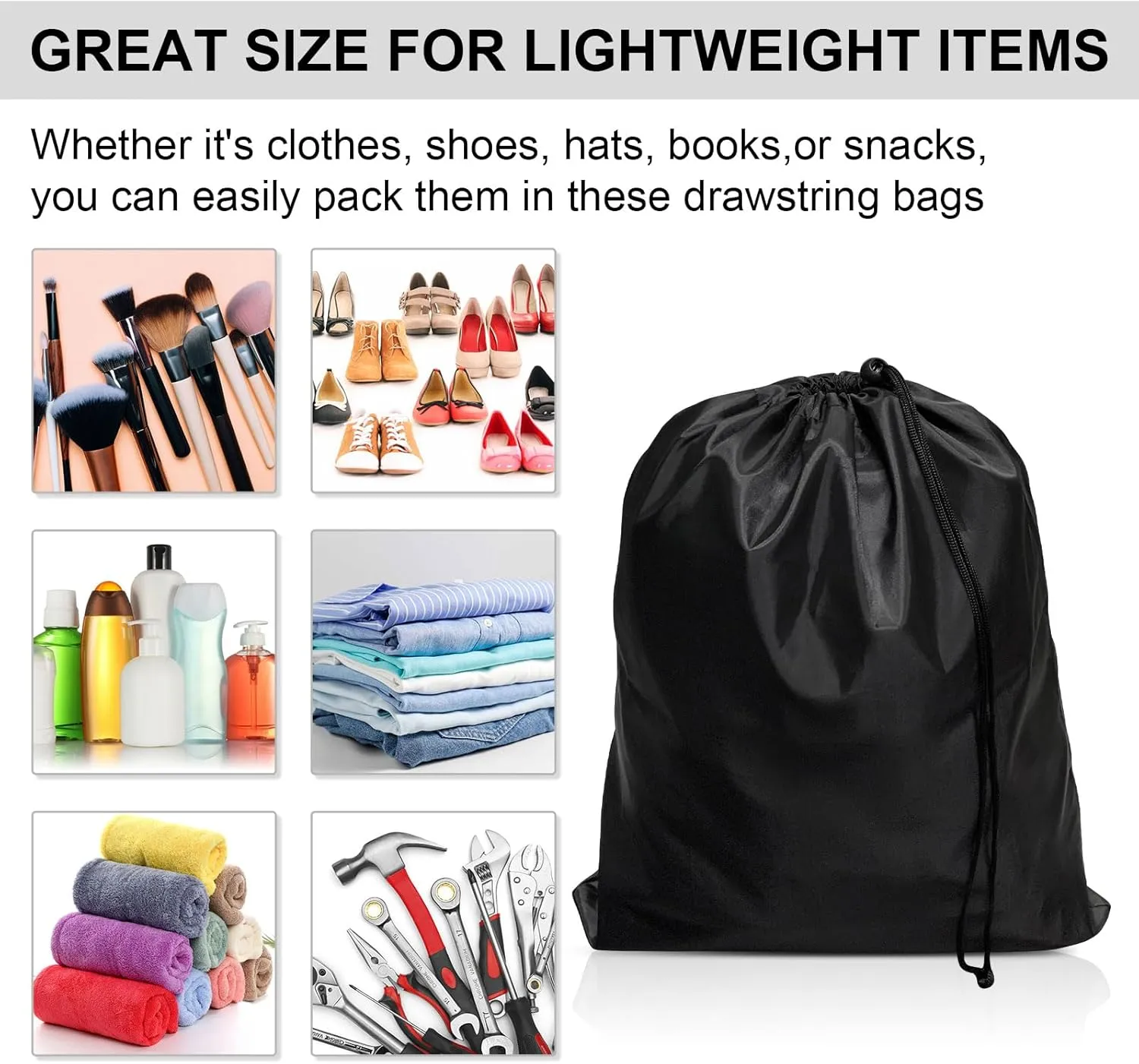 HIIXHC 8-Pack Drawstring Bags with Toggle, Durable Nylon Backpack for Gym, Sports, Travel, and Daily Use (Black, 6 x 8 Inch)