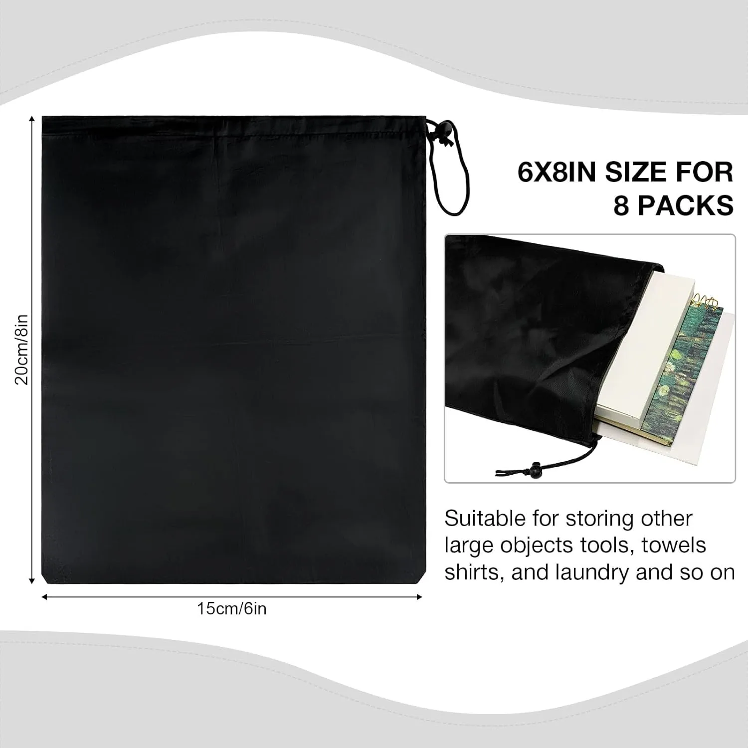 HIIXHC 8-Pack Drawstring Bags with Toggle, Durable Nylon Backpack for Gym, Sports, Travel, and Daily Use (Black, 6 x 8 Inch)