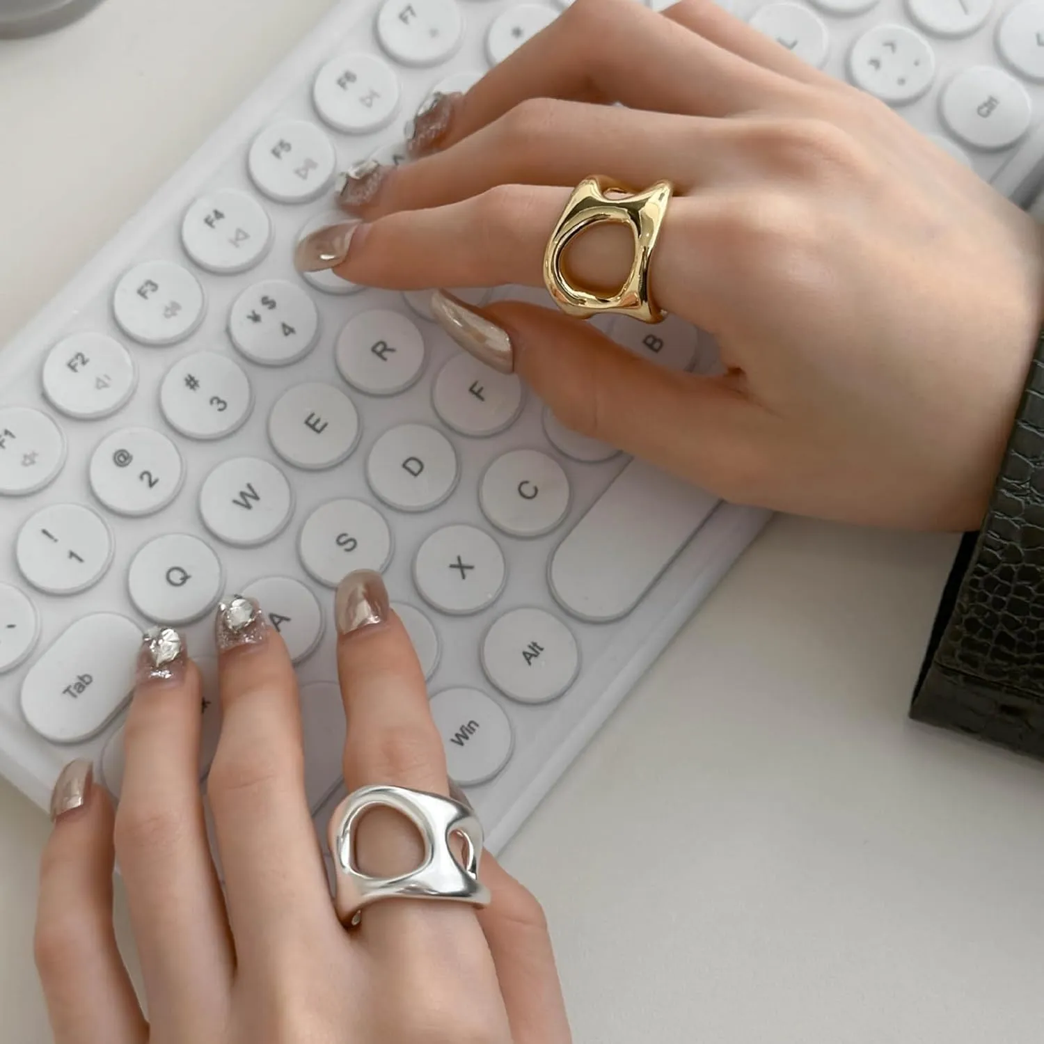 HUASAI Chunky Gold Rings for Women Silver Statement Rings Adjustable Wide Band Rings Irregular Stackable Rings for Women Jewelry Gift