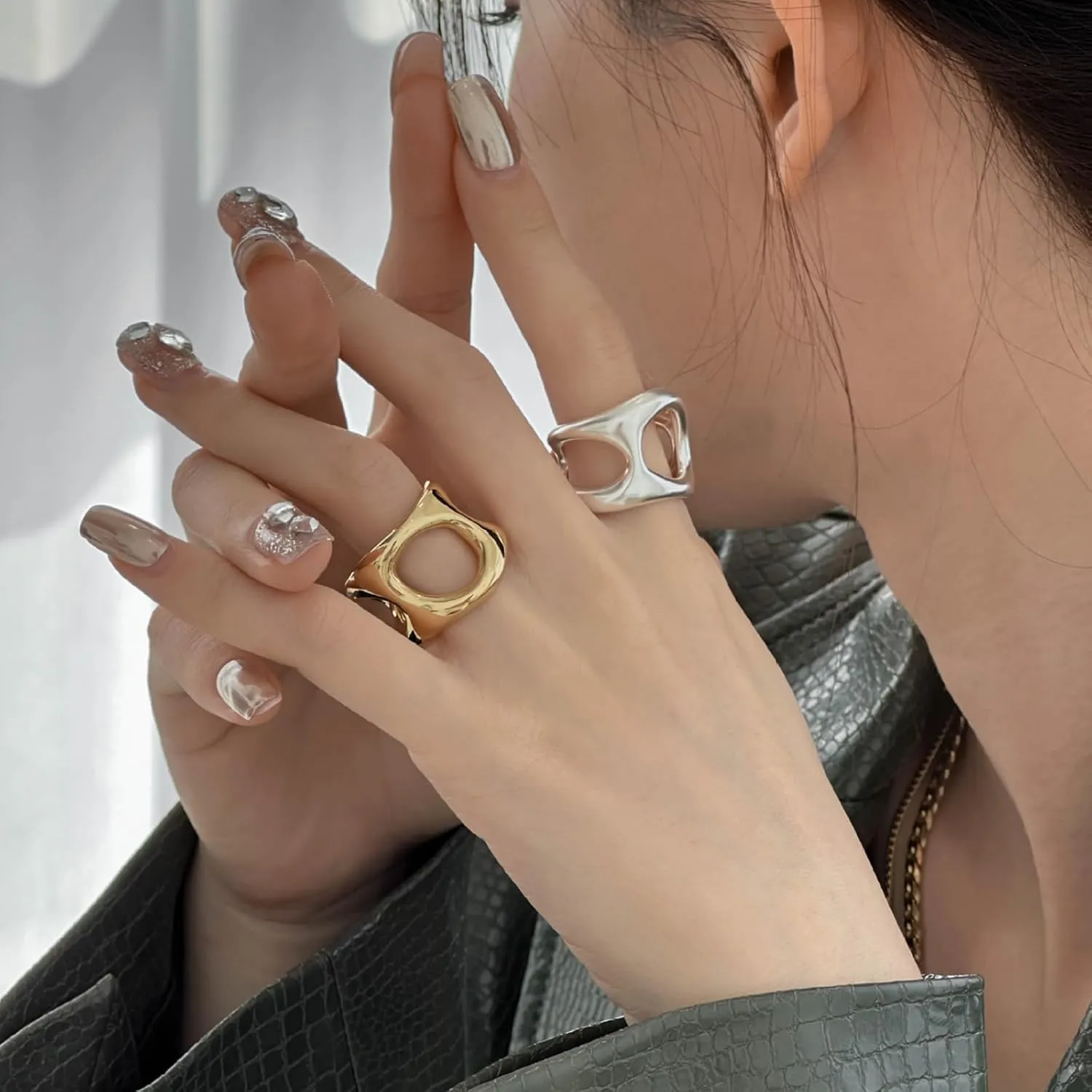 HUASAI Chunky Gold Rings for Women Silver Statement Rings Adjustable Wide Band Rings Irregular Stackable Rings for Women Jewelry Gift