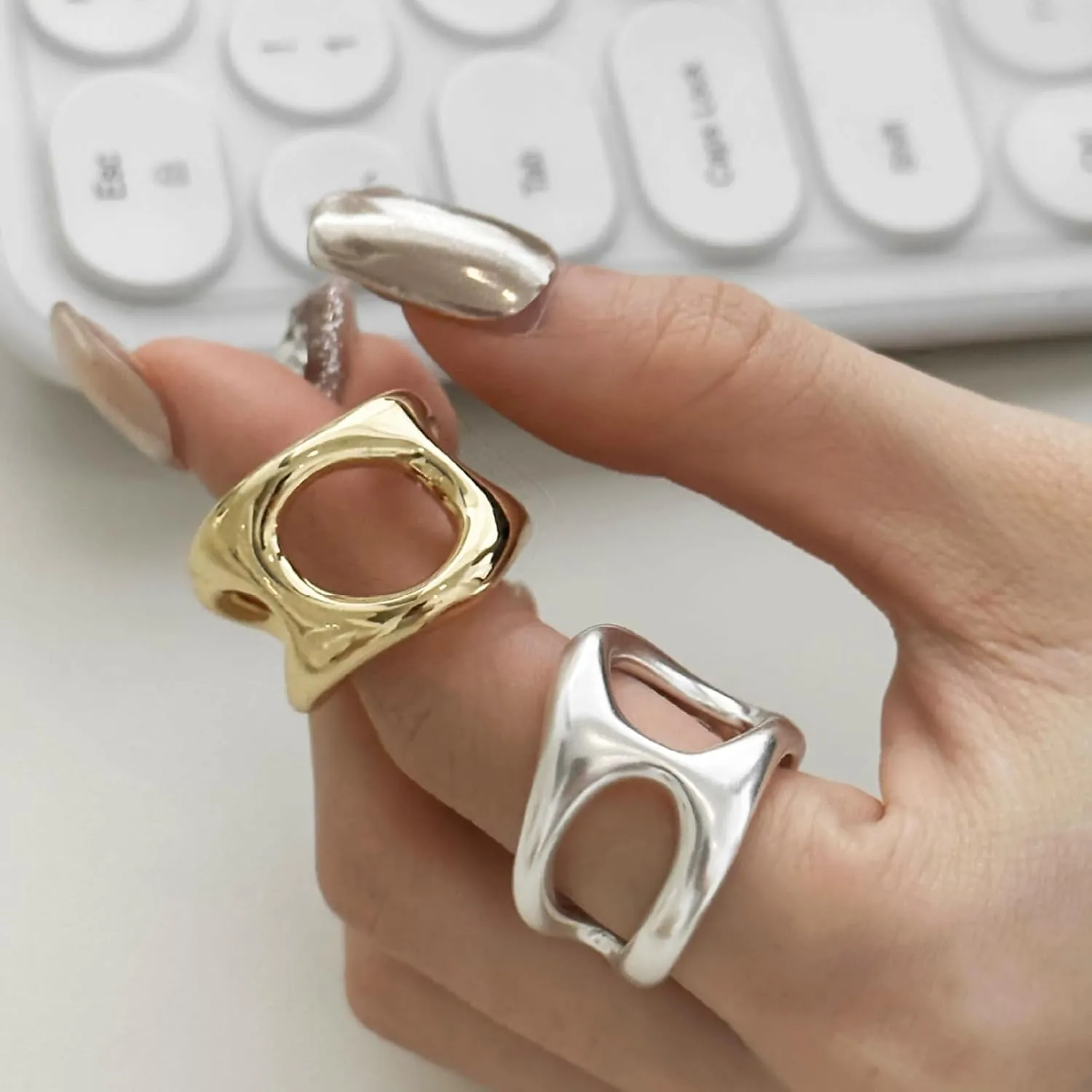 HUASAI Chunky Gold Rings for Women Silver Statement Rings Adjustable Wide Band Rings Irregular Stackable Rings for Women Jewelry Gift