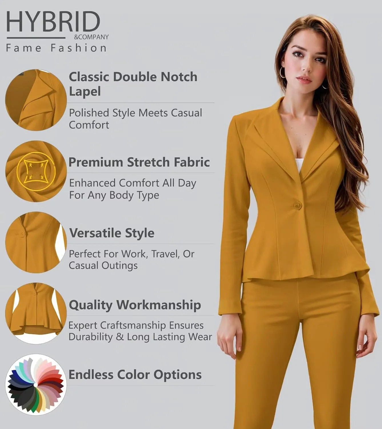 Hybrid & Company Women's Casual Work Office Dressy Double Lapel Single Button Peplum Comfortable Blazer