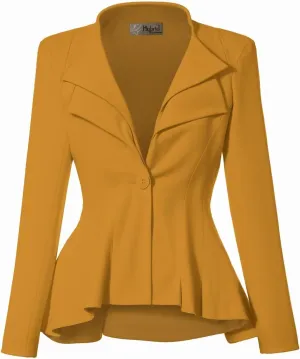 Hybrid & Company Women's Casual Work Office Dressy Double Lapel Single Button Peplum Comfortable Blazer