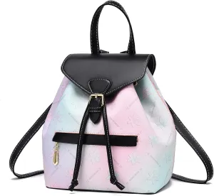 I IHAYNER Leather Drawstring Backpack for Women Stylish Color-Blocked Printed Design Durable Functional Backpack for Travel Black