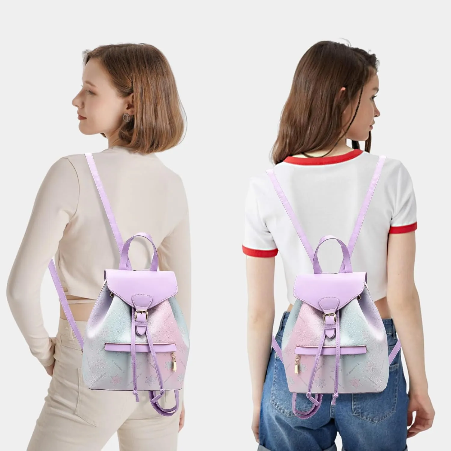 I IHAYNER Leather Drawstring Backpack for Women Stylish Color-Blocked Printed Design Durable Functional Backpack for Travel Black