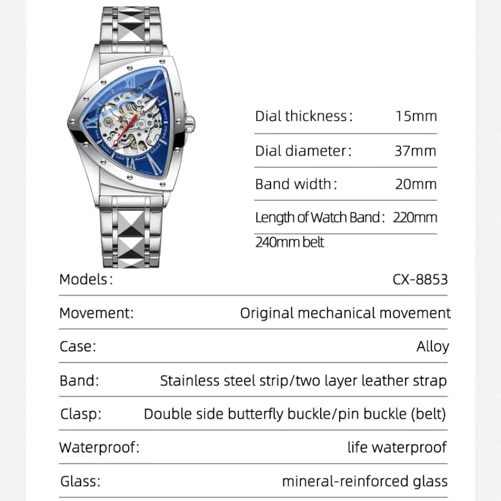 Irregular Fashion Triangle Skeleton Men's Automatic Mechanical Watches Unique Luxury Stainless Steel Watch Waterproof Luminous Business Wristwatch