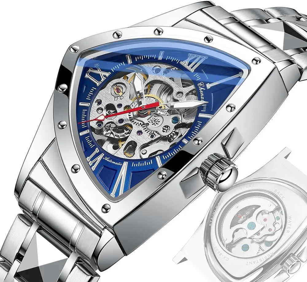 Irregular Fashion Triangle Skeleton Men's Automatic Mechanical Watches Unique Luxury Stainless Steel Watch Waterproof Luminous Business Wristwatch