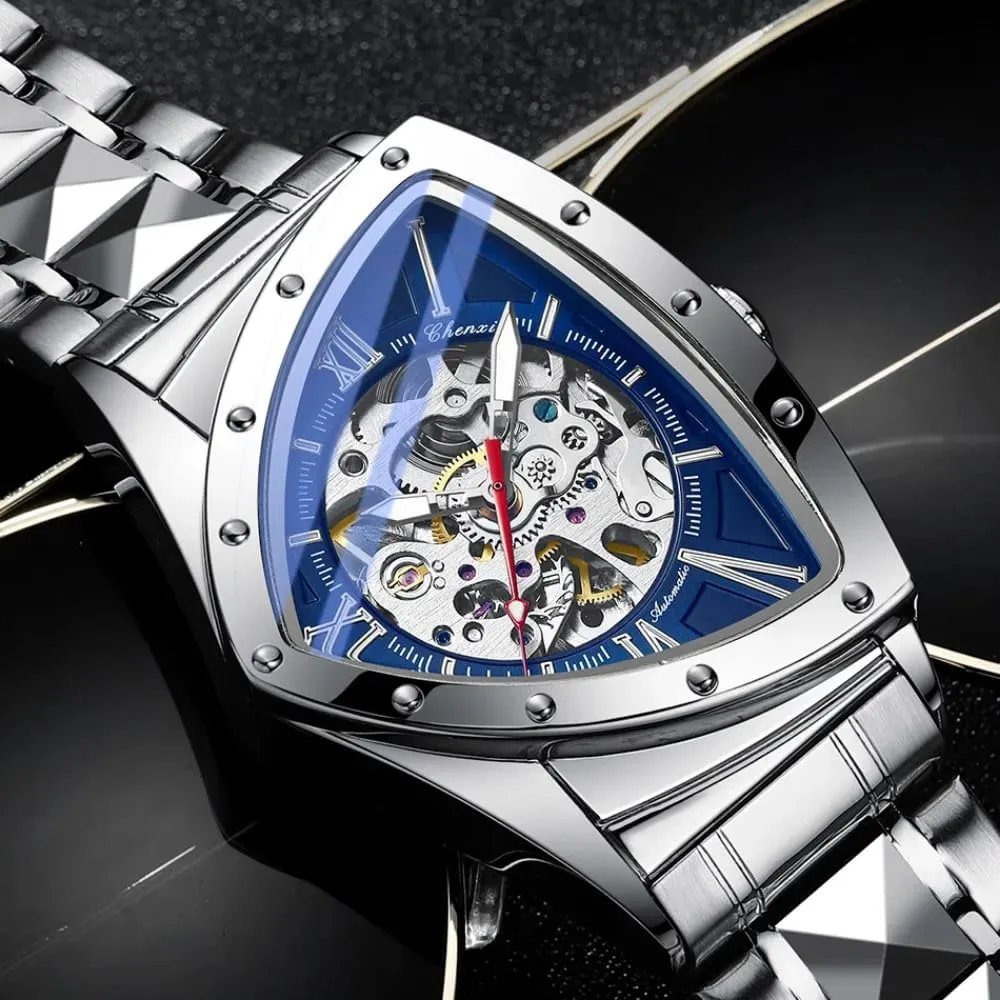 Irregular Fashion Triangle Skeleton Men's Automatic Mechanical Watches Unique Luxury Stainless Steel Watch Waterproof Luminous Business Wristwatch
