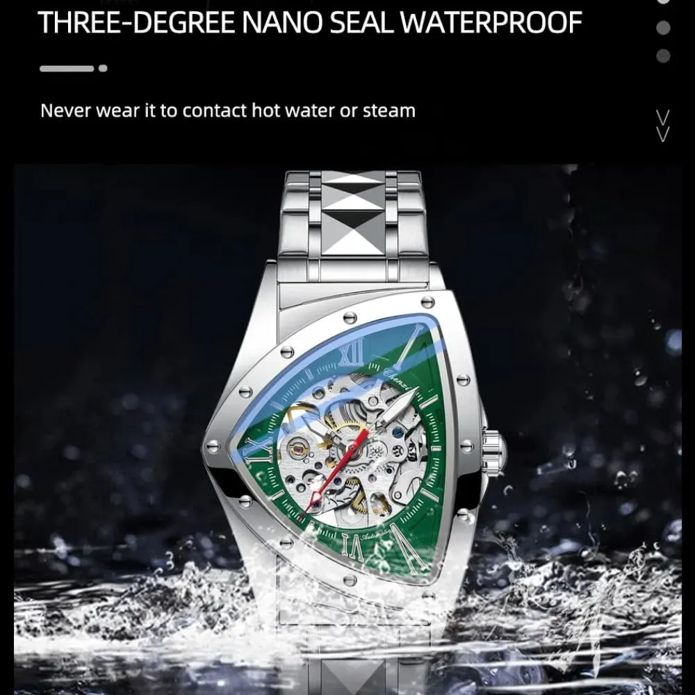 Irregular Fashion Triangle Skeleton Men's Automatic Mechanical Watches Unique Luxury Stainless Steel Watch Waterproof Luminous Business Wristwatch