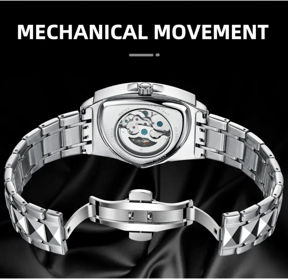 Irregular Fashion Triangle Skeleton Men's Automatic Mechanical Watches Unique Luxury Stainless Steel Watch Waterproof Luminous Business Wristwatch
