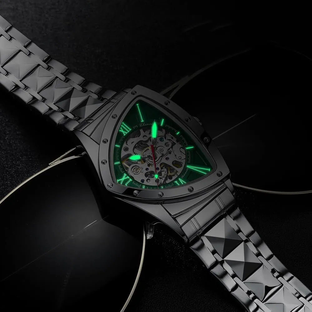 Irregular Fashion Triangle Skeleton Men's Automatic Mechanical Watches Unique Luxury Stainless Steel Watch Waterproof Luminous Business Wristwatch